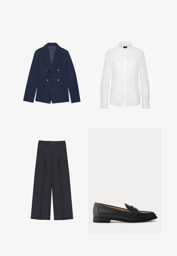 Marineblaues, doppelt geknöpftes Blazer aus glattem Stoff, mit goldfarbenen Knöpfen, Reverskragen und zwei Vordertaschen.; Weißes langärmliges Hemd mit Knopfleiste, spitzem Kragen und taillierten Nähten, vor schlichtem weißem Hintergrund dargestellt.; Weite Hosen in Dunkelblau, aus leichtem Stoff gefertigt. Mit zwei vorderen Falten, Gürtelschlaufen und einem verdeckten Reißverschluss.; Schwarzer Damen-Loafer aus Leder mit niedrigem Absatz, abgerundeter Spitze und genähten Details am Obermaterial, von der Seite auf einfarbigem Hintergrund gezeigt.