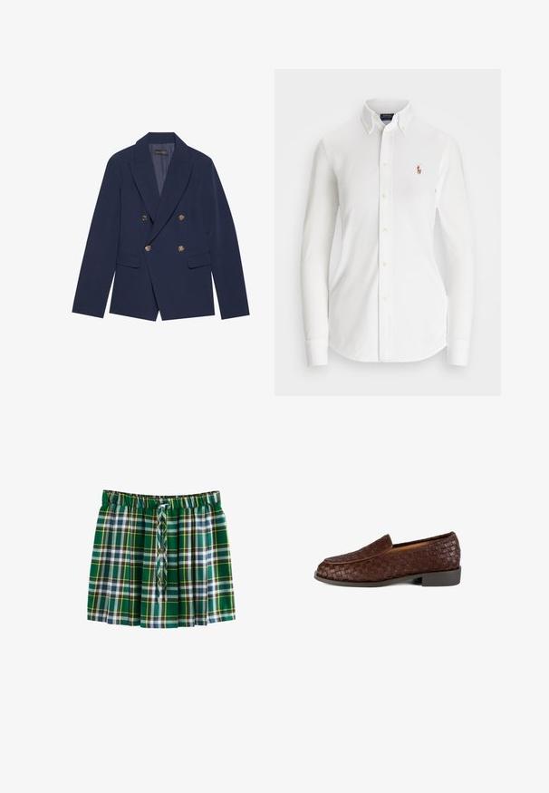 Blazer azul marino de doble botonadura, hecho de una tela suave, con botones dorados, solapas con muesca y dos bolsillos frontales.; Camisa blanca de manga larga con botones y collar punta, hecha de algodón. Presenta un pequeño logo bordado en el lado izquierdo del pecho.; Falda plisada de cuadros verdes con cintura elástica y cordón en la parte delantera, que presenta un patrón de rayas blancas, marinas y amarillas.; Mocasín de cuero trenzado marrón con punta redonda, tacón plano y un forro interior suave. Presenta un patrón texturizado en toda la parte superior.