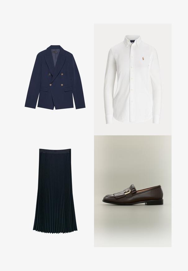 Blazer croisé bleu marine en tissu lisse, doté de boutons dorés, de revers crantés et de deux poches avant.; Chemise blanche à manches longues avec boutons, col boutonné et petit logo brodé joueur de polo sur la poitrine.; Jupe plissée en tissu bleu marine foncé, dotée d'une taille lisse et de plis verticaux pour texture et mouvement, avec une silhouette fluide.; Mocassin en cuir marron foncé avec détail à franges et boucle dorée sur fond neutre, vue latérale.