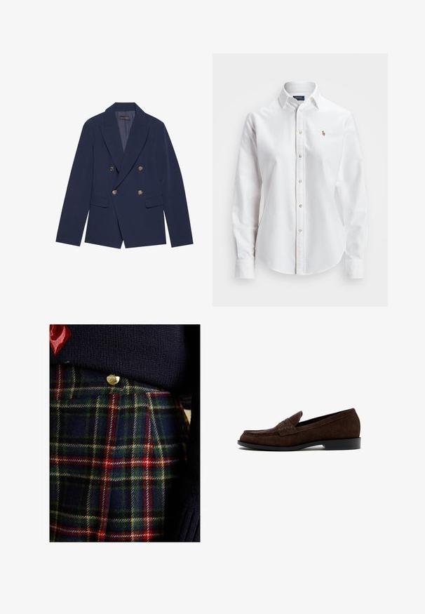 Marineblaues, doppelt geknöpftes Blazer aus glattem Stoff, mit goldfarbenen Knöpfen, Reverskragen und zwei Vordertaschen.; Weißes Langarm-Hemd aus Baumwolle mit klassischen Kragen und kleinem gesticktem Logo auf der Brust.; Marineblauer Strickpullover über einem karierten Rock mit grünen, roten und gelben Tönen, verziert mit goldenen Knöpfen und strukturierter Wollqualität.; Dunkelbrauner Herren-Slipper aus Wildleder mit niedrigem Absatz und Mokassinnaht, von der Seite auf weißem Hintergrund gezeigt.