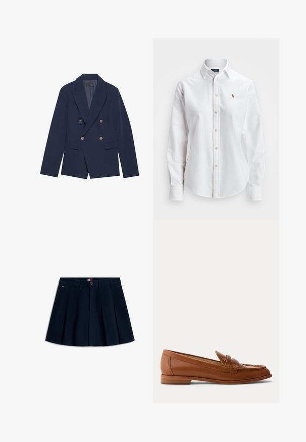Blazer azul marino de doble botonadura, hecho de una tela suave, con botones dorados, solapas con muesca y dos bolsillos frontales.; Camisa de botones de manga larga blanca hecha de algodón, con un cuello clásico y un pequeño logo bordado en el pecho.; Minifalda plisada de color azul marino con botones frontales y cremallera, trabillas para cinturón, bolsillos laterales y pequeño logo en la cadera izquierda.; Mocasín de cuero marrón con tacón bajo de madera, correa clásica para moneda y detalles cosidos a lo largo de la puntera y los laterales.