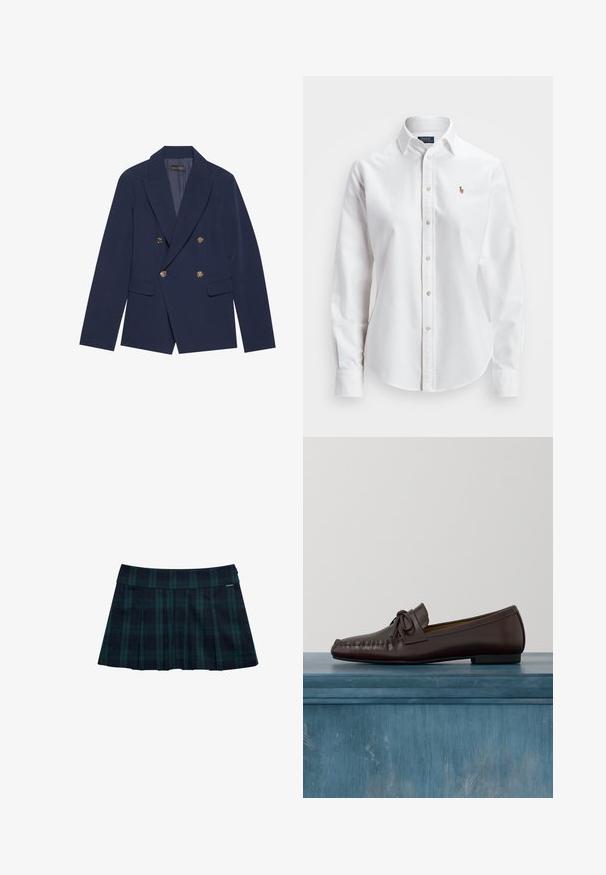 Blazer azul marino de doble botonadura, hecho de una tela suave, con botones dorados, solapas con muesca y dos bolsillos frontales.; Camisa de botones de manga larga blanca hecha de algodón, con un cuello clásico y un pequeño logo bordado en el pecho.; Falda plisada de cuadros en verde oscuro y azul marino con una cintura lisa y un detalle con logo. Presenta un diseño clásico de pliegues en capas.; Mocasines de cuero marrón con puntera redondeada, detalle de lazo y costuras decorativas a lo largo del empeine. Suela plana de goma negra.
