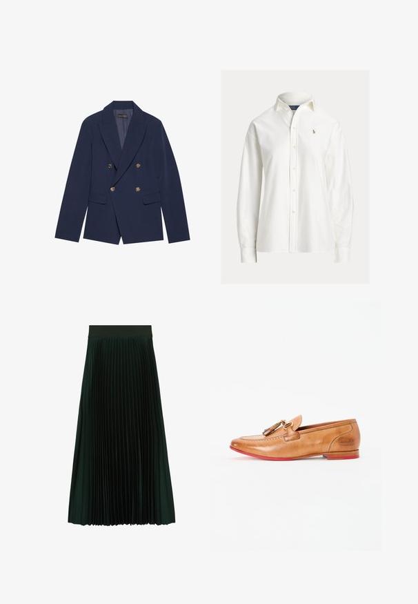 Marineblaues, doppelt geknöpftes Blazer aus glattem Stoff, mit goldfarbenen Knöpfen, Reverskragen und zwei Vordertaschen.; Weißes langärmeliges Hemd mit Knöpfen, Kragen und kleinem gesticktem Logo auf der linken Brust.; Dunkelgrüner plissierter Midirock mit breitem Bund, entworfen für eine fließende und strukturierte Passform.; Braune Lederloafer mit runder Zehenform, dekorativem Quasten vorne und roter Sohle. Prägierte Markenlogo auf der Ferse.