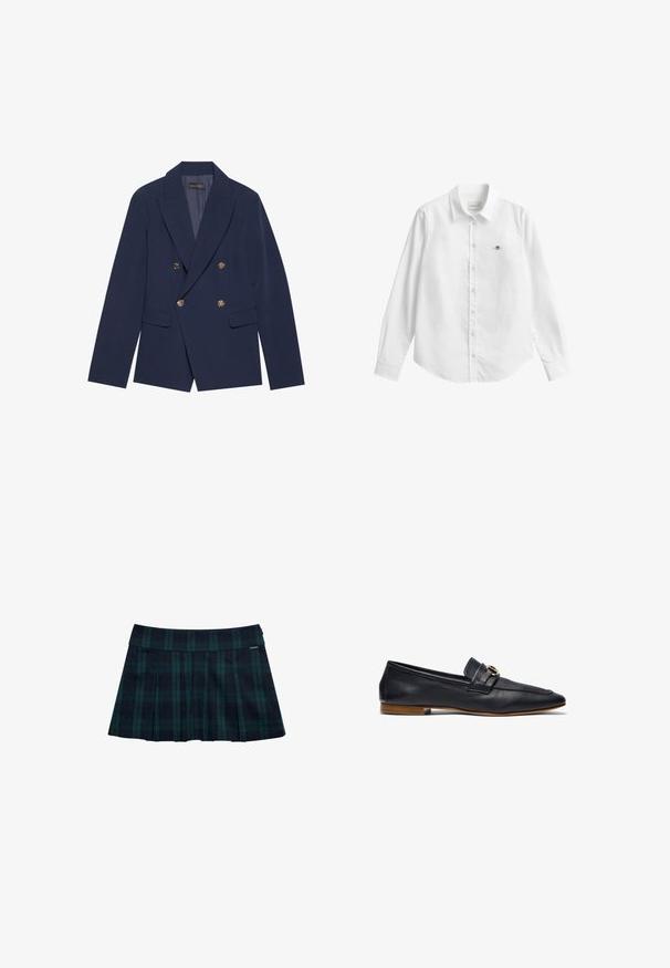 Navyblauwe dubbelzijdige blazer van gladde stof, met gouden knopen, ingesneden revers en twee voorzakken.; Wit overhemd met lange mouwen en knoopsluiting, gemaakt van stof met een lichte textuur. Voorzien van een borstzak met een klein geborduurd logo en een klassieke kraag.; Geruite geplooide rok in donkergroen en marineblauw met een gladde tailleband en logodetail. Heeft een klassiek, gelaagd plooidesign.; Marine leren instapper met een strak ontwerp, spitse neus, minimale stiksels en een decoratieve gouden accent op de leren band. Platte houten hak.