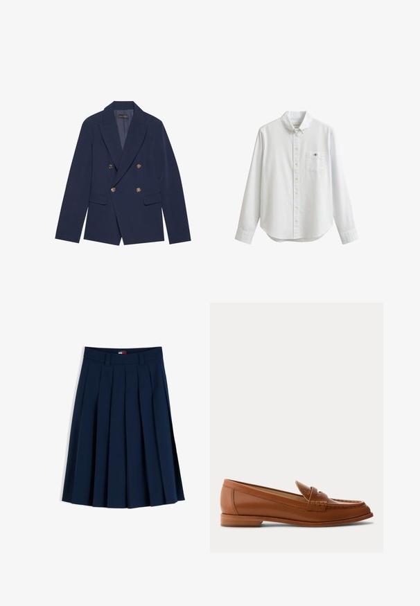 Navyblauwe dubbelzijdige blazer van gladde stof, met gouden knopen, ingesneden revers en twee voorzakken.; Witte blouse met lange mouwen, knoopsluiting aan de voorkant, voorvak met klein geborduurd logo en een button-down kraag.; Marineblauwe geplooide rok met ceintuurlussen en een klein rood, wit en blauw logo-label op de tailleband, getoond op een witte achtergrond.; Bruine leren loafer met lage houten hak, klassieke pennyriem en gestikte details langs de neus en zijkanten.