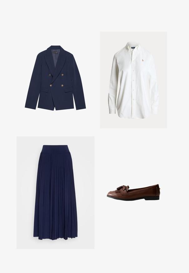 Navyblauwe dubbelzijdige blazer van gladde stof, met gouden knopen, ingesneden revers en twee voorzakken.; Wit overhemd met lange mouwen, knoopsluiting, button-down kraag en klein geborduurd polo spelerlogo op de linkerborst.; Marineblauwe plissérok van zachte stof, met een brede, comfortabele tailleband en een vloeiende uitstraling met verticale plooien.; Bruine leren loafer met een platte zool, gedetailleerd met een strik en kwastaccent aan de voorkant, met een gladde textuur en een slank ontwerp.
