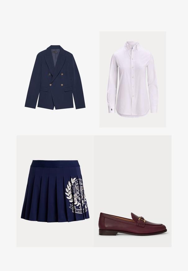 Navyblauwe dubbelzijdige blazer van gladde stof, met gouden knopen, ingesneden revers en twee voorzakken.; Witte blouse met lange mouwen, knoopsluiting, een knoopsluitkraag en een klein geborduurd logo op de linkermanchet.; Marineblauwe geplooide rok met brede tailleband en wit tennis-thema wapenlogo aan de rechteronderkant.; Bordeaux leren loafers met een gladde afwerking, voorzien van een decoratieve gesp en stikdetails, een platte houten hak en een ronde neus.