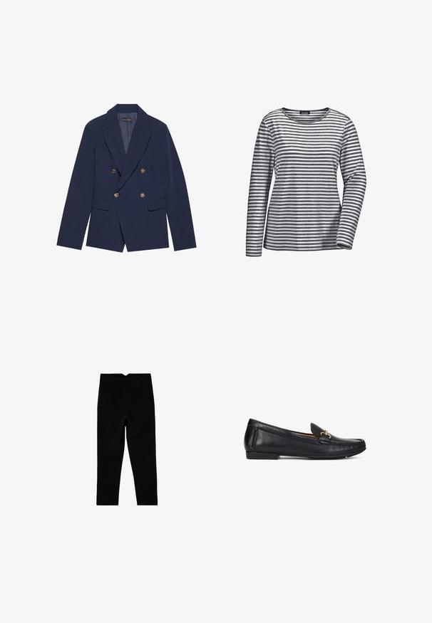 Navyblauwe dubbelzijdige blazer van gladde stof, met gouden knopen, ingesneden revers en twee voorzakken.; Lange mouw shirt gemaakt van zachte stof, met afwisselend grijze en witte horizontale strepen, een ronde halslijn en een relaxte pasvorm.; Zwarte op maat gemaakte broek tot aan de enkel met zijzakken en een licht taps toelopende pijp, plat liggend op een witte achtergrond.; Zwarte leren loafer met goudkleurige metalen beslag, lage hak en gestikte moc-toe ontwerplijn, zijaanzicht op witte achtergrond.