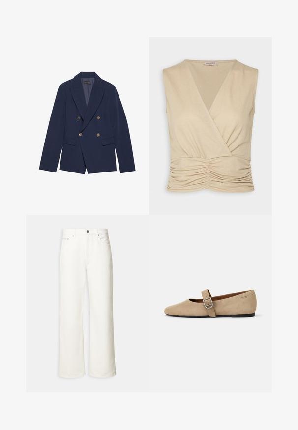 Blazer azul marino de doble botonadura, hecho de una tela suave, con botones dorados, solapas con muesca y dos bolsillos frontales.; Anna Field Top - sand; Jeans blancos de pierna ancha con botón frontal, trabillas para cinturón y diseño de cinco bolsillos.; Bailarinas de ante beige estilo Mary Jane con punta afilada y una sola correa ajustable con hebilla de plata. Suela plana negra.