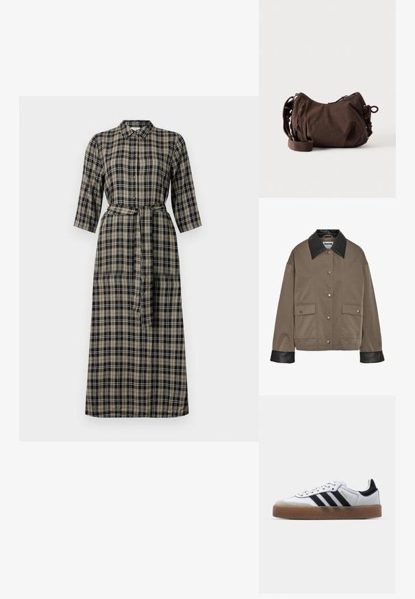 Bruine button-up jas met een zwarte leren kraag en manchetten, met twee voorflapzakken met drukknoopsluitingen.; Lang geruit jurk met een kraag, knoopsluiting aan de voorkant, driekwartmouwen en een strik taille. Kleuren zijn zwart, beige en wit.; Witte leren sneakers met zwarte strepen, gumrubberen buitenzool, ronde neus, vetersluiting en een zachte grijze suède neuskap.; Bruine corduroy schoudertas met verstelbare band, ritssluiting en zij koorddetails op een witte achtergrond.