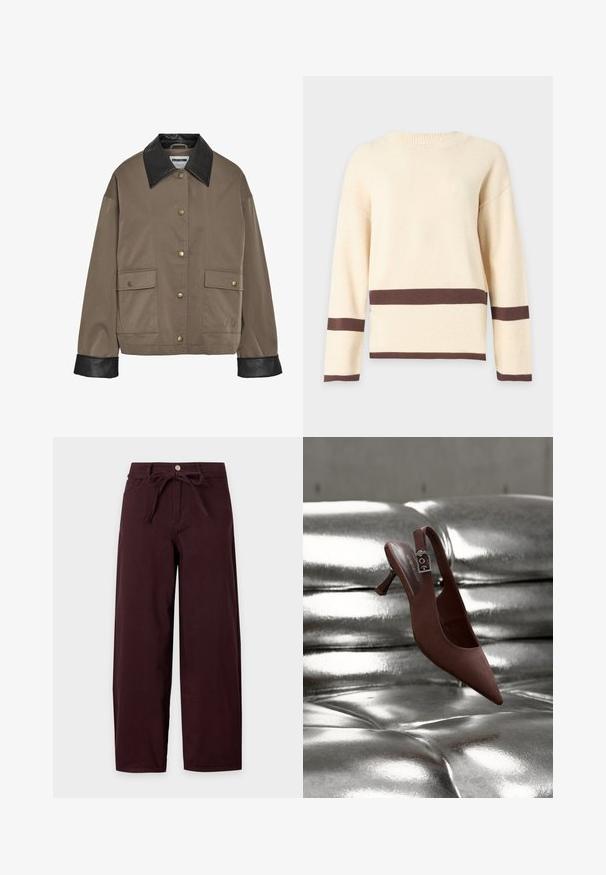 Chaqueta marrón con botones, cuello y puños de cuero negro, que cuenta con dos bolsillos frontales con solapa y cierres a presión.; Jersey de manga larga color crema con franjas horizontales marrón oscuro en la cintura, los puños y el dobladillo sobre un fondo claro y plano.; Pantalones de tiro alto y pernera ancha en burdeos oscuro con botones delanteros, cremallera, bolsillos laterales y un cinturón de tela a juego anudado en la cintura en forma de lazo.; Zapato slingback marrón con punta, tacón bajo y correa con hebilla, reposando sobre una superficie acolchada plateada metálica y brillante.