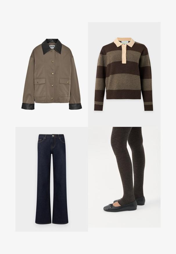 Chaqueta marrón con botones, cuello y puños de cuero negro, que cuenta con dos bolsillos frontales con solapa y cierres a presión.; Jersey de punto de manga larga con amplias rayas horizontales marrones y oliva, cuello beige y tres botones beige en la tapeta frontal.; Jeans vaqueros de pierna ancha en azul oscuro, con bolsillos delanteros, cierre de botón y cremallera, y costuras contrastantes visibles.; Piernas con leggings oscuros acanalados combinados con bailarinas negras que presentan pequeños detalles de lazo sobre un fondo blanco.