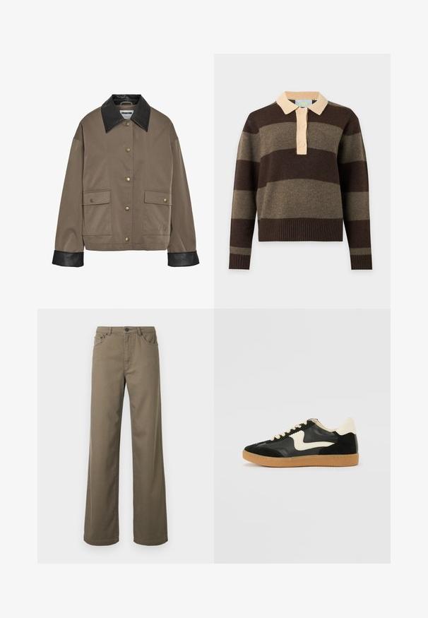 Bruine button-up jas met een zwarte leren kraag en manchetten, met twee voorflapzakken met drukknoopsluitingen.; Gebreide trui met lange mouwen met brede horizontale bruine en olijfgroene strepen, een beige kraag en drie beige knopen op de voorbies.; Wijd uitlopende broek van olijfgroen katoen, met knoopsluiting, riemlussen en vijfzakkenontwerp met een gladde, duurzame textuur.; Zwarte suède en leren sneaker met een crèmekleurige zij-swoosh en lichte crèmekleurige hiel. Voorzien van beige veters en een gumrubberen zool.
