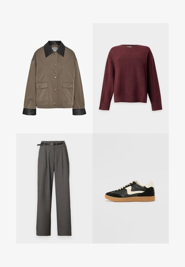Chaqueta marrón con botones, cuello y puños de cuero negro, que cuenta con dos bolsillos frontales con solapa y cierres a presión.; Jersey de manga larga con cuello redondo en burdeos oscuro con puños y bajo acanalados, mostrado sobre un fondo liso gris claro.; Pantalones de vestir grises de talle alto con pliegues y bolsillos laterales, combinados con un cinturón negro fino con hebilla redonda dorada.; Zapatillas de deporte de ante y cuero negro con un swoosh lateral en crema y un talón en crema claro. Presenta cordones beige y una suela de goma marrón.