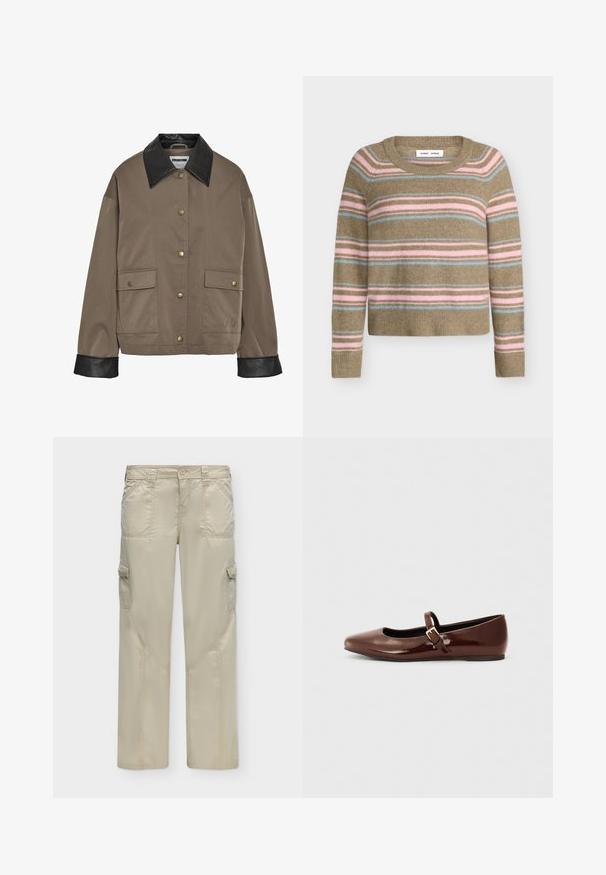 Chaqueta marrón con botones, cuello y puños de cuero negro, que cuenta con dos bolsillos frontales con solapa y cierres a presión.; Jersey de manga larga con cuello redondo y rayas horizontales en marrón, rosa y azul claro, puños y bajo acanalados.; Pantalones cargo beige con bolsillos delanteros, bolsillos laterales con solapas, trabillas para cinturón, cierre con botón y detalles de costuras visibles.; Bailarina de charol marrón con punta cuadrada y tira que presenta una pequeña hebilla dorada. Textura suave, tacón bajo y diseño minimalista.