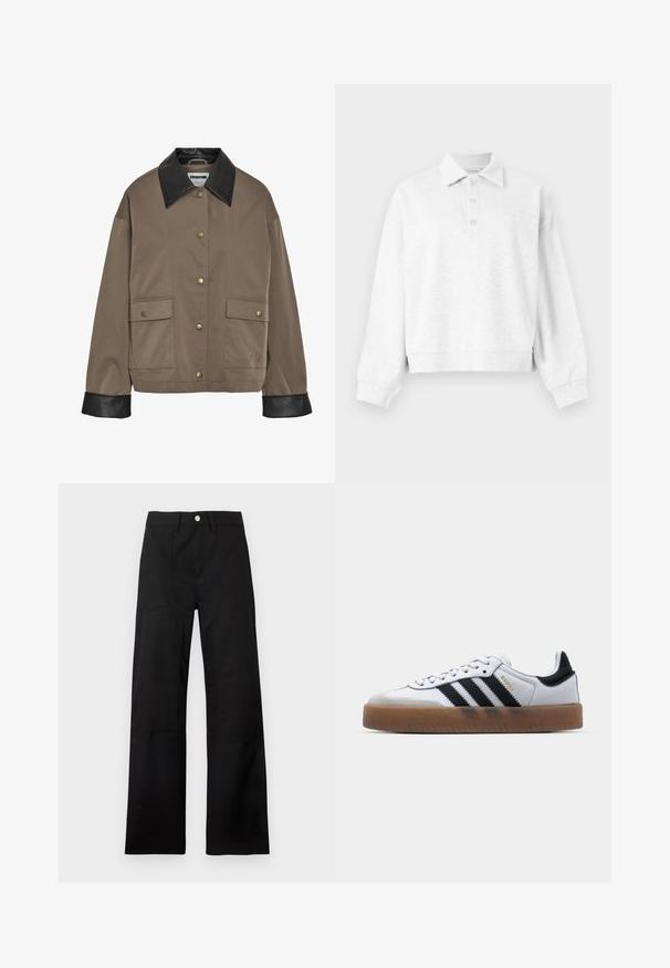 Chaqueta marrón con botones, cuello y puños de cuero negro, que cuenta con dos bolsillos frontales con solapa y cierres a presión.; Jersey de manga larga color gris claro con cuello y tres botones en la tapeta, puños acanalados y un dobladillo ligeramente cropado.; Pantalones negros de tiro alto con perneras anchas, trabillas para cinturón, cierre con botón plateado y detalles de costuras visibles en los paneles frontales.; Zapatillas de cuero blancas con rayas negras, suela de goma, puntera redonda, cierre de cordones y caperuza de ante gris suave.