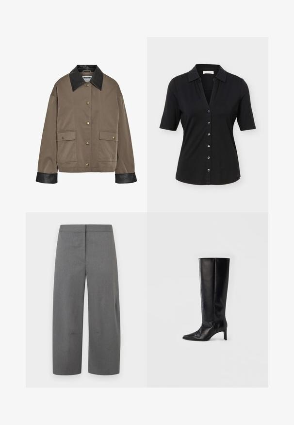 Bruine button-up jas met een zwarte leren kraag en manchetten, met twee voorflapzakken met drukknoopsluitingen.; Zwart overhemd met korte mouwen en knopen, een kraag, zes knopen aan de voorkant en een licht getailleerd silhouet.; Grijze op maat gemaakte broek met een rechte, brede pijp. Soepele textuur, minimale stiksels, geen zichtbare zakken of versieringen.; Zwarte kniehoge laarzen gemaakt van glad leer, met een puntige neus en een slanke hak, een nauwsluitende schacht en een minimalistisch ontwerp.