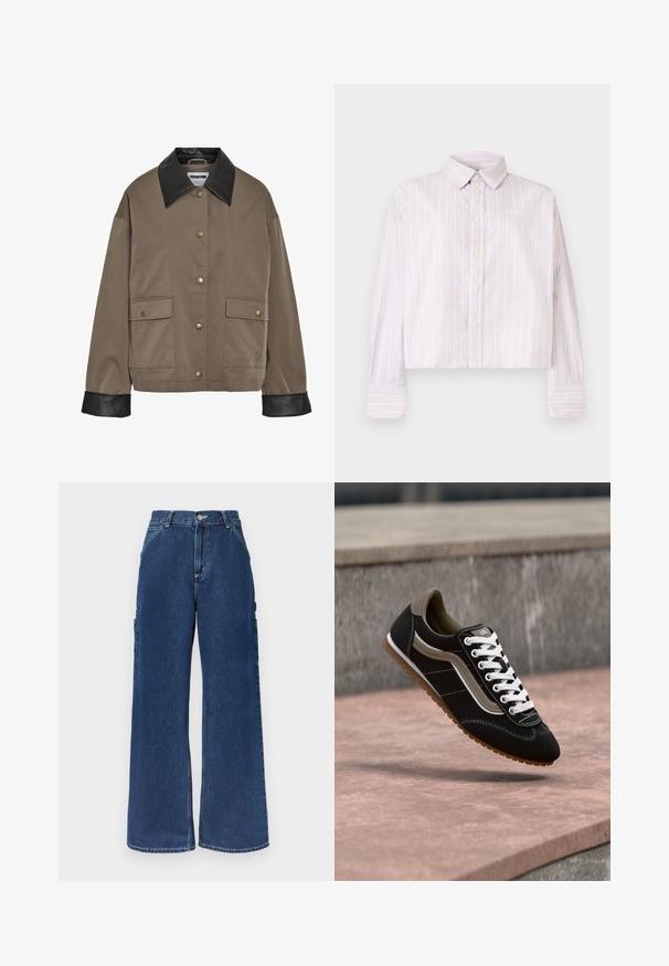 Chaqueta marrón con botones, cuello y puños de cuero negro, que cuenta con dos bolsillos frontales con solapa y cierres a presión.; Camisa rosa clara con botones, con rayas verticales blancas y azules, cuello clásico y mangas largas con puños.; Vaqueros de mezclilla azul oscuro de talle alto y pierna ancha con bolsillos delanteros, bolsillos laterales de utilidad y cierre de botón y cremallera.; Zapatilla negra y beige con cordones blancos y suela de goma, flotando sobre una superficie de piedra y un fondo de hormigón gris.