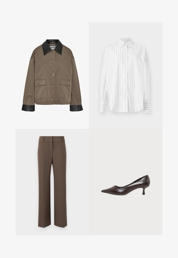 Bruine button-up jas met een zwarte leren kraag en manchetten, met twee voorflapzakken met drukknoopsluitingen.; Witte blouse met lange mouwen en knopen, voorzien van dunne verticale zwarte strepen en een puntige kraag, weergegeven op een effen achtergrond.; Bruine rechte broek met riemlussen, voornaaddetail en een hoge taille, weergegeven tegen een neutrale achtergrond.; Donkerbruine leren pump met spitse neus en lage gebogen hak op een witte achtergrond.