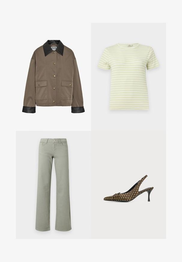 Bruine button-up jas met een zwarte leren kraag en manchetten, met twee voorflapzakken met drukknoopsluitingen.; Lichtgroen en wit horizontaal gestreept, geribd T-shirt met korte mouwen en een ronde halslijn, afgebeeld tegen een effen achtergrond.; Lichtgroene rechte broek met hoge taille, tailleband, knoop, rits en voor- en achterzakken op een witte achtergrond.; Bruine slingback hoge hak schoen met witte stippen, puntige neus, kleine strik en zwarte stiletto hak op een effen achtergrond.