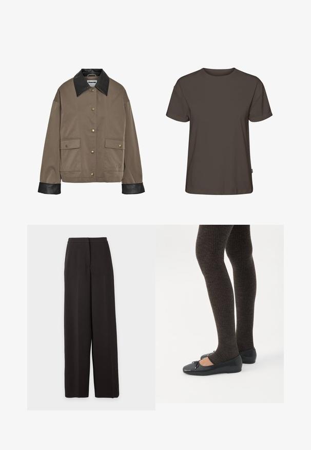 Bruine button-up jas met een zwarte leren kraag en manchetten, met twee voorflapzakken met drukknoopsluitingen.; Effen donkerbruine T-shirt met korte mouwen, ronde hals en een losse pasvorm, afgebeeld op een witte achtergrond.; Zwarte wijde broek met hoge taille, een vlakke voorkant en een verborgen sluiting, getoond tegen een effen lichte achtergrond.; Benen met donkere geribbelde leggings gecombineerd met zwarte ballerina's met kleine strikdetails op een witte achtergrond.