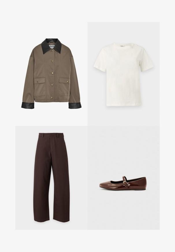 Chaqueta marrón con botones, cuello y puños de cuero negro, que cuenta con dos bolsillos frontales con solapa y cierres a presión.; Camiseta blanca de algodón lisa de manga corta con cuello redondo, mostrada sobre un fondo gris claro neutro.; Pantalones marrones de pierna recta con trabillas para cinturón y cierre frontal, mostrados sobre un fondo blanco liso.; Bailarina de charol marrón con punta cuadrada y tira que presenta una pequeña hebilla dorada. Textura suave, tacón bajo y diseño minimalista.