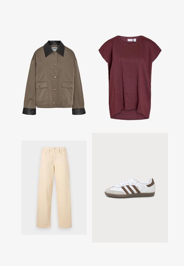 Chaqueta marrón con botones, cuello y puños de cuero negro, que cuenta con dos bolsillos frontales con solapa y cierres a presión.; Top de manga corta y corte holgado en rojo oscuro con escote redondo y dobladillo trasero ligeramente más largo.; Pantalones beige de pierna recta con botón y cremallera delanteros, trabillas para cinturón y diseño de cinco bolsillos sobre un fondo liso y claro.; Zapatilla Adidas Samba blanca y marrón con tres franjas marrones, cordones y suela texturizada mostrada de lado sobre un fondo liso.
