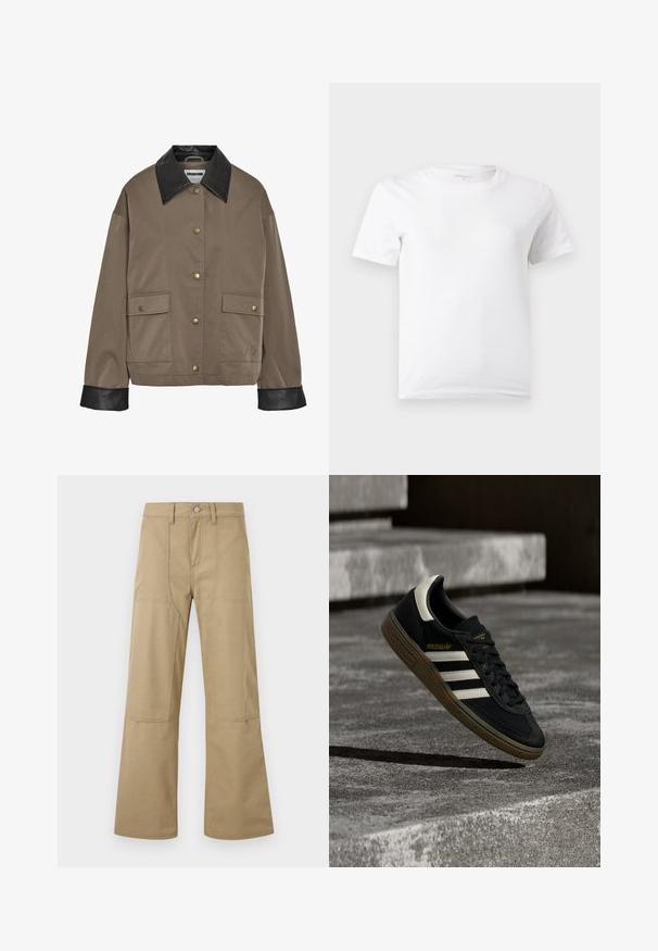 Chaqueta marrón con botones, cuello y puños de cuero negro, que cuenta con dos bolsillos frontales con solapa y cierres a presión.; Camiseta blanca lisa de manga corta con cuello redondo mostrada sobre un fondo gris claro.; Pantalones beige de talle alto y pierna ancha con bolsillos delanteros tipo parche, trabillas para cinturón y cierre con botón. Tela simple y duradera con costuras visibles.; Zapatilla negra de Adidas con rayas blancas y suela de goma flotando sobre escalones de concreto gris a la luz natural.