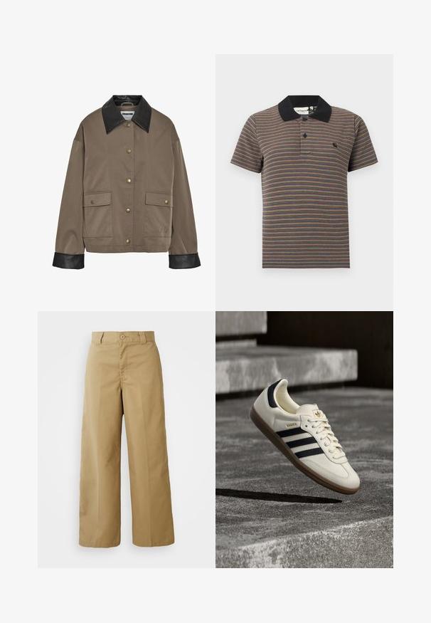 Bruine button-up jas met een zwarte leren kraag en manchetten, met twee voorflapzakken met drukknoopsluitingen.; Polo met korte mouwen, voorzien van dunne horizontale multicolor strepen en een effen zwarte kraag met een knoopsluiting met twee knopen.; Beige wijde broek gemaakt van een katoenmix, met knoopsluiting, riemlussen en zijzakken.; Witte Adidas Samba sneaker met zwarte strepen en gumzool, zwevend boven gestructureerde grijze betonnen treden.