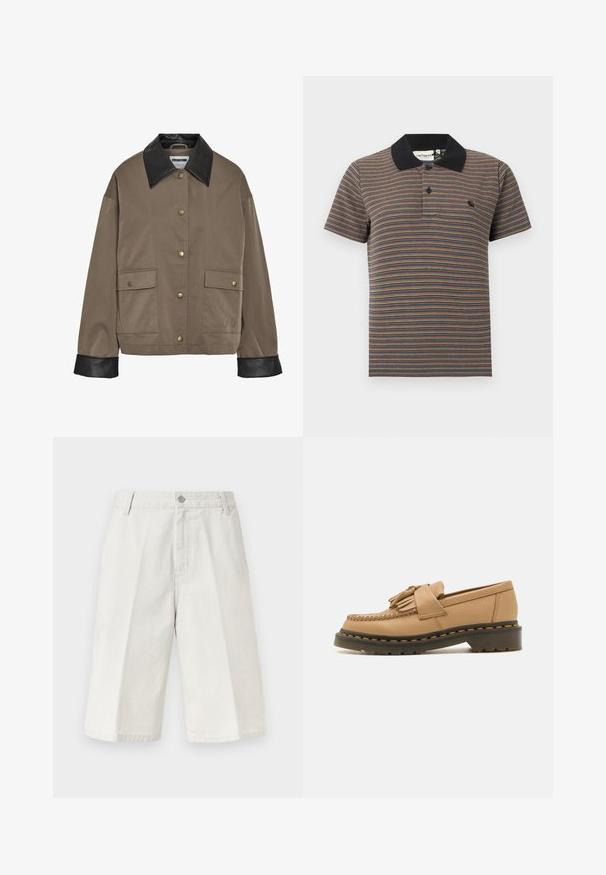 Chaqueta marrón con botones, cuello y puños de cuero negro, que cuenta con dos bolsillos frontales con solapa y cierres a presión.; Polo de manga corta con finas rayas horizontales multicolor y cuello sólido negro con una tapeta de dos botones.; Pantalones cortos beige claro hasta la rodilla con sutiles rayas verticales, trabillas para cinturón, cierre frontal con botón y cremallera.; Zapatilla mocasín de cuero marrón con detalles trenzados, borlas en la parte superior y una suela negra con costuras amarillas. Diseño clásico y con textura.
