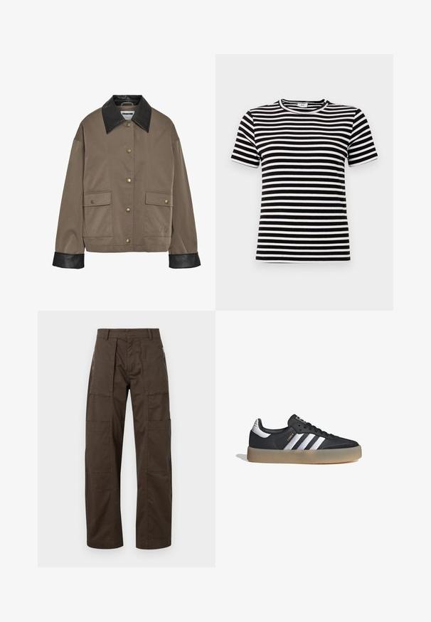 Chaqueta marrón con botones, cuello y puños de cuero negro, que cuenta con dos bolsillos frontales con solapa y cierres a presión.; Camiseta de manga corta a rayas en blanco y negro con una textura acanalada y un cuello redondo. Las rayas están espaciadas uniformemente por toda la tela.; Pantalones cargo marrones hechos de una tela resistente, con múltiples bolsillos, un corte relajado y detalles de costura prominentes para mayor durabilidad.; Zapatilla deportiva de cuero negro con tres rayas plateadas, punta texturizada y suela de goma. Cuenta con un collar acolchado y un diseño con cordones.