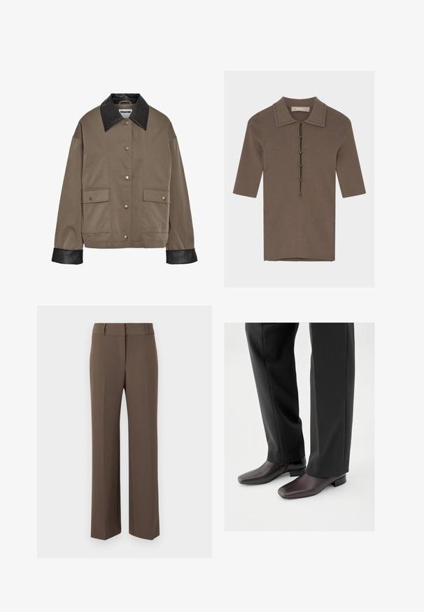 Bruine button-up jas met een zwarte leren kraag en manchetten, met twee voorflapzakken met drukknoopsluitingen.; Bruin geribd gebreid shirt met korte mouwen, puntkraag en een verticale rij van vijf knopen middenvoor.; Bruine rechte broek met riemlussen, voornaaddetail en een hoge taille, weergegeven tegen een neutrale achtergrond.; Donkerbruine leren schoenen met een vierkante neus en een korte blokhak, gedragen met zwarte, op maat gemaakte broek, die een strakke, gepolijste uitstraling tonen.