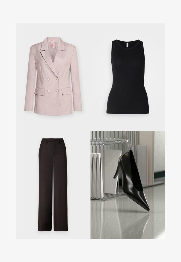 Blazer rose clair à double boutonnage avec revers crantés, quatre boutons, deux poches avant à rabat et manches longues.; Débardeur noir sans manches en tissu côtelé, avec un col rond et une coupe ajustée, à la texture douce et sans motifs.; Pantalons noirs à jambes larges avec un devant plat, passants de ceinture et une texture lisse, conçus pour un ajustement près du corps. Aucun matériel ou motif visible.; Chaussure noire à talon haut avec bout pointu et logo doré, posée sur une surface réfléchissante près d'un organiseur de dossiers en fil chromé contenant des documents.