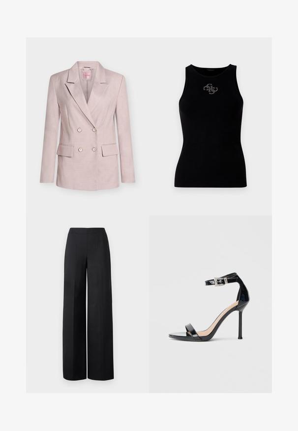 Blazer rose clair à double boutonnage avec revers crantés, quatre boutons, deux poches avant à rabat et manches longues.; Débardeur noir à côtes avec un col rond et un logo orné de clous en argent à l'avant. Tissu doux et extensible.; Pantalons larges noirs en tissu lisse. Dotés d'une taille haute et de lignes nettes et droites sans poches visibles ni embellissements.; Sandale à talon haut en cuir verni noir avec bride à la cheville. Présente un design minimaliste, un bout ouvert et une boucle ornée de strass.