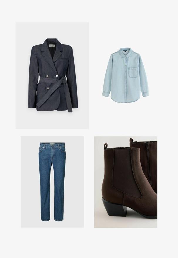 Donkerdenim blazer met een dubbelzijdig ontwerp, geknoopte revers, twee voorzakken en een gestrikt riempje. Beschikt over zilveren knopen en een gestructureerde afwerking.; Lichtblauw denim overhemd met lange mouwen en knopen, voorzien van een enkele borstzak en een opgevouwen kraag, plat neergelegd op een witte achtergrond.; Blauwe straight-leg spijkerbroek met knoop- en ritssluiting aan de voorkant, riemlussen en voor- en achterzakken.; Bruine suède enkellaarzen met elastische zijkanten, een versleten textuur en een gestapelde zwarte hak. Voorzien van een rits voor gemakkelijk aan- en uittrekken.