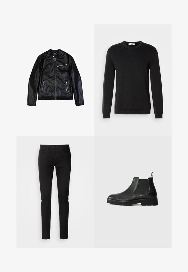 Zwarte leren jas met een ronde hals, ritsluiting en drie ritszakken. Heeft een gladde textuur en een licht verweerde afwerking.; Zwarte lange mouw crewneck trui met geribbelde manchetten en zoom, fijne brei textuur, en een klein merklabel in de kraag.; Zwarte denim jeans met een slim fit, vijf-pocket ontwerp, ritssluiting en een schone, gladde textuur. Standaard tailleband met riemlussen.; Zwarte leren chelsea boot met een elastische zijpaneel, ronde neus, gestructureerde zool en een klein trek lusje bij de hiel.