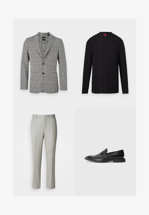 Blazer pour homme à carreaux noirs et blancs avec deux boutons noirs et revers crantés, présenté sur un fond blanc.; Chemise noire à manches longues avec col mandarin et patte de boutonnage dissimulée, présentée sur fond blanc.; Pantalon tailleur gris clair en tissu lisse, présentant une coupe droite, des plis à l'avant, et une ceinture classique avec passants pour ceinture.; Mocassins en cuir noir avec une texture lisse, un nez pointu et un petit talon rectangulaire. Présente un détail de bande horizontale sur le dessus.