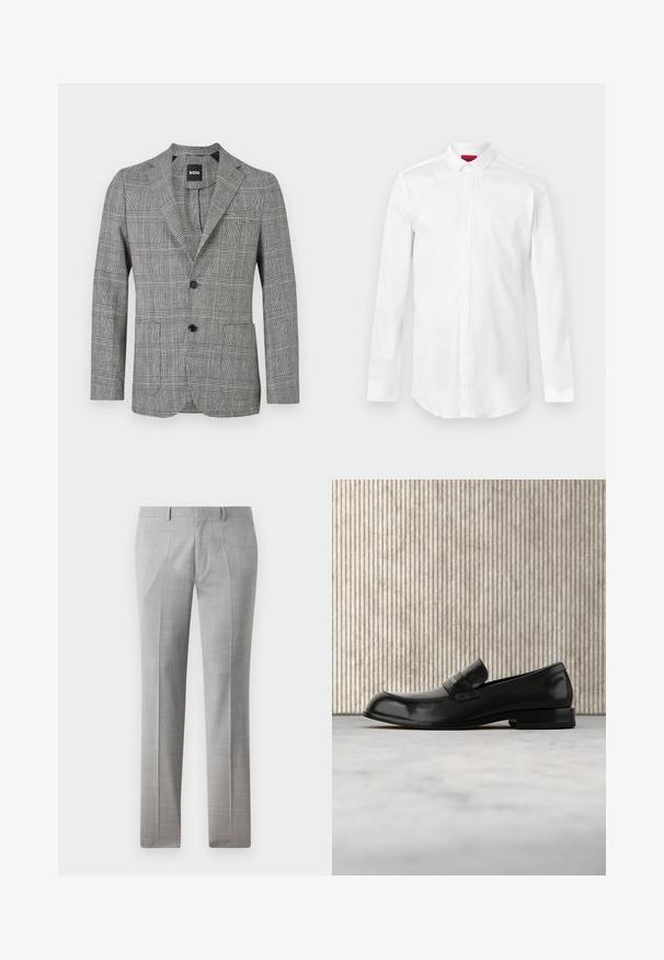 Blazer pour homme à carreaux noirs et blancs avec deux boutons noirs et revers crantés, présenté sur un fond blanc.; Chemise blanche à manches longues avec col pointu et patte de boutonnage cachée, présentée sur un fond clair uni.; Pantalons gris ajustés en tissu lisse, avec un motif à carreaux fin, des jambes droites et des passants de ceinture. Pas de poches visibles.; Mocassin en cuir noir avec un accent métallique, présenté en lévitation au-dessus d'un tapis beige, avec une table ronde de couleur ambre en arrière-plan.