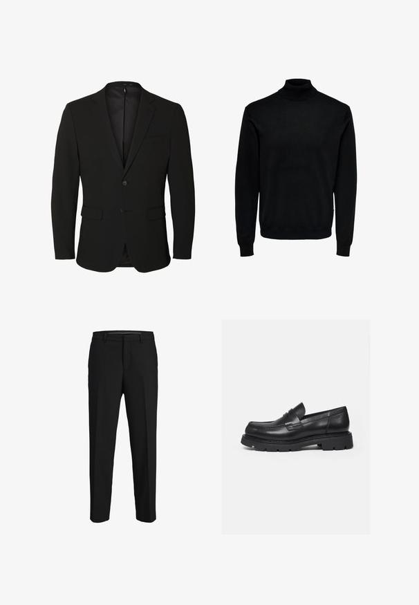 Sort enkeltknappet herreblazer med notch-revers, to forlommer med klap, en brystlomme og to knapper.; Sort rullekrave-trøje, lavet af blødt stof, har lange ærmer, ribbede manchetter og kant, med en tætsiddende halsdesign og en glat tekstur.; Sorte bukser lavet af glat stof, med lige snit, bæltestropper og et fladt frontdesign uden synlige mønstre eller pyntegenstande.; Sort læderloafer med tyk rillede sål og penny-remdetalje, vist i højre sideprofil på hvid baggrund.