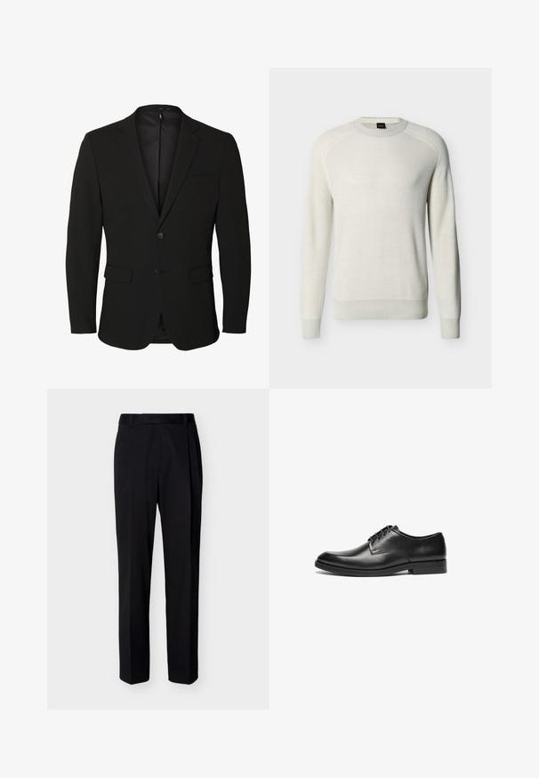 Blazer noir pour homme, boutonné simple, avec des revers crantés, deux poches avant à rabat, une poche poitrine et deux boutons.; Pull à col rond manches longues couleur écru avec poignets, ourlet et col côtelés sur fond uni.; Pantalon noir droit sur mesure avec passants de ceinture et plis avant, présenté sur un fond clair uni.; Chaussure habillée en cuir noir avec un bout pointu, texture lisse, design à lacets et un talon bas et plat. Style minimaliste et silhouette élégante.