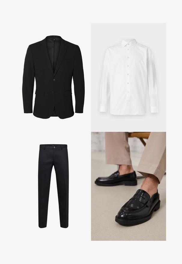 Sort enkeltknappet herreblazer med notch-revers, to forlommer med klap, en brystlomme og to knapper.; Hvid langærmet skjorte med knapper, spredekrave og knapmanchetter, vist på en ensfarvet hvid baggrund.; Sorte formelle bukser med knap og lynlås, lige snit og bæltestropper, vist på hvid baggrund.; Sorte lædermokkasiner med en glat overflade, der har en dekorativ rem og kontraststing, parret med beige bukser.
