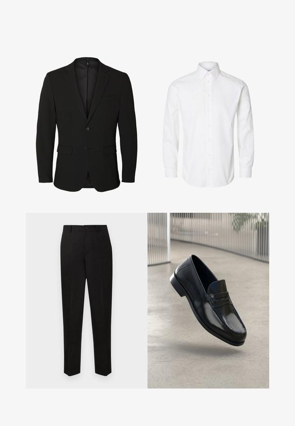 Sort enkeltknappet herreblazer med notch-revers, to forlommer med klap, en brystlomme og to knapper.; Hvid skjorte med lange ærmer, knapper foran, spids krave og knappede manchetter.; Sorte skræddersyede bukser med et straight-leg design, der har lukning med knap og subtil tekstur. Ingen synlige mønstre eller accenter.; Sorte læder loafers med en glat finish, rundet tå, dekorative syninger og en let forhøjet ydersål.