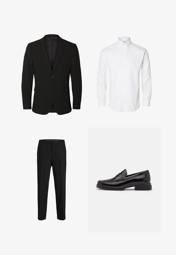 Black single-breasted men's blazer with notch lapels, two front flap pockets, one chest pocket, and two buttons.; White long-sleeve button-up shirt with a pointed collar, visible buttons down the front, and buttoned cuffs.; Black trousers made of smooth fabric, featuring a straight cut, belt loops, and a flat front design with no visible patterns or embellishments.; Black leather loafers with a rounded toe, featuring a stitched detail across the vamp, and a low block heel. Smooth texture and glossy finish.