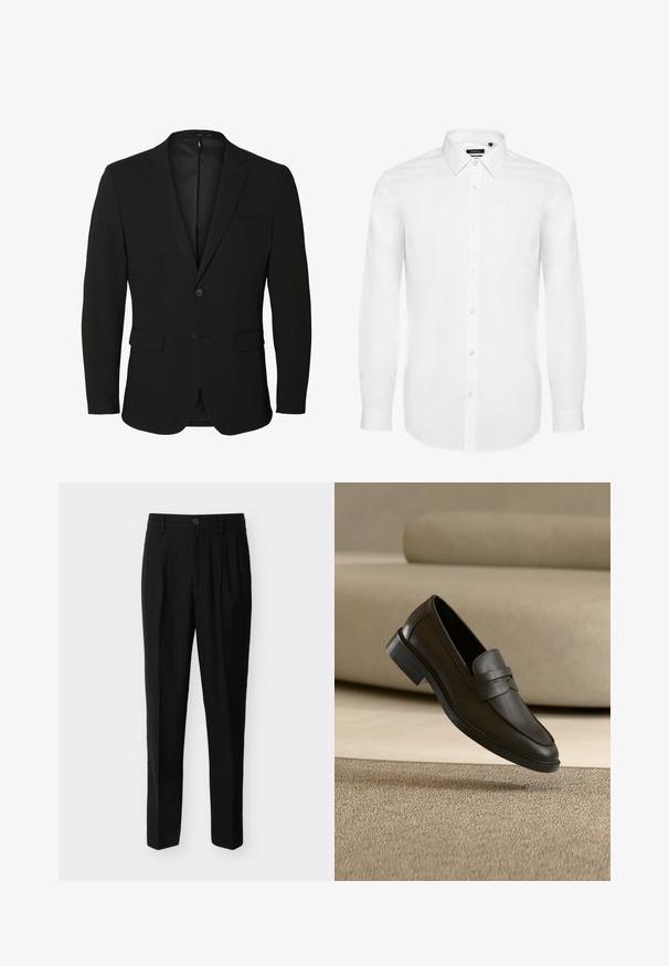 Blazer noir pour homme, boutonné simple, avec des revers crantés, deux poches avant à rabat, une poche poitrine et deux boutons.; Chemise blanche à manches longues en tissu tissé, avec un col à rabat, une patte de boutonnage à l'avant et des manches avec boutons. Design minimal.; Pantalon noir taille haute, ajusté, avec passants de ceinture, plis à l'avant, poches latérales et fermeture boutonnée avec zip.; Chaussure loafer en cuir noir reposant sur un tapis beige avec un canapé beige courbé en arrière-plan.