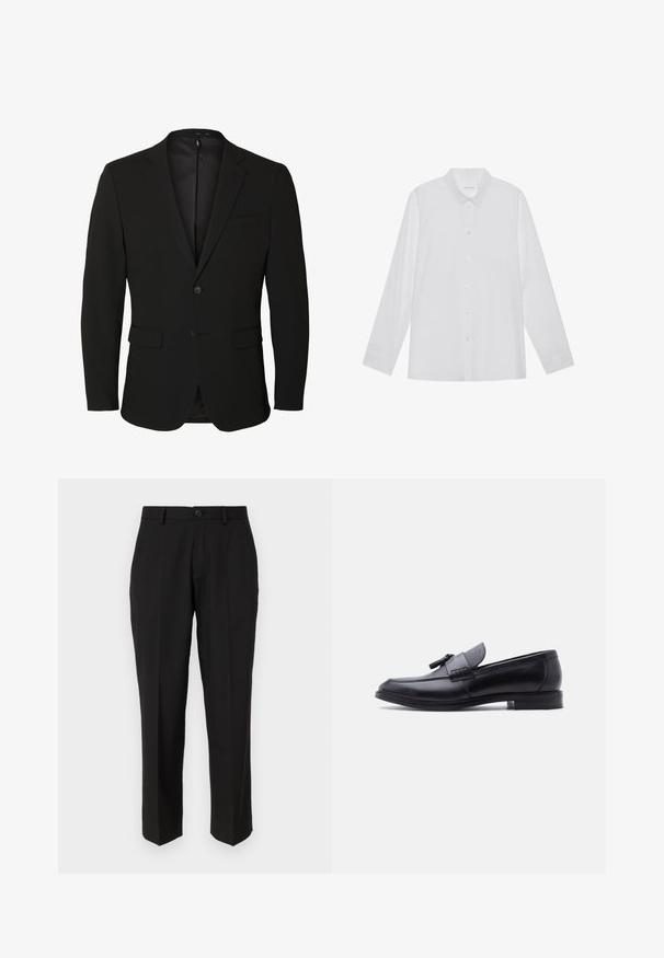 Blazer noir pour homme, boutonné simple, avec des revers crantés, deux poches avant à rabat, une poche poitrine et deux boutons.; Chemise blanche à manches longues en tissu lisse, dotée d'un col pointu, d'une fermeture à boutons sur le devant et de poignets à un bouton.; Pantalon noir en tissu lisse, présentant une coupe droite, des poches avant, un bouton simple de fermeture et sans motifs visibles.; Mocassin en cuir noir avec panneau en tissu gris texturé et détail à pampilles, talon bas et bout arrondi, vu de côté sur fond blanc.