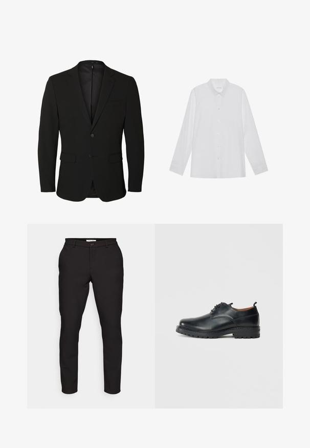 Blazer negro de hombre de un solo pecho con solapas con muesca, dos bolsillos delanteros con solapa, un bolsillo en el pecho y dos botones.; Camisa blanca de manga larga hecha de tela suave, con cuello puntiagudo, cierre frontal de botones y puños de un solo botón.; Pantalones negros ajustados de corte entallado. Cuentan con cremallera, cierre de botón, bolsillos laterales y una tela suave y ligera.; Zapatos derby de cuero negro con una textura suave, punta redondeada, diseño de cordones y una suela de goma gruesa y resistente.