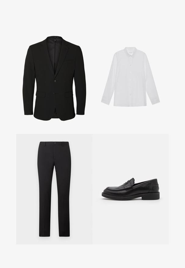 Sort enkeltknappet herreblazer med notch-revers, to forlommer med klap, en brystlomme og to knapper.; Hvid langærmet skjorte lavet af glat stof, med spidse krave, frontknaplukning og enknapsmanchetter.; Sorte skræddersyede bukser med lige ben, som har knaplukning og bæltestropper. Fremstillet i glat stof uden synlige mønstre.; Sorte læder loafers med en rund tå, tonale syninger og en stropdetalje foran. Gummisål med en lav hæl.