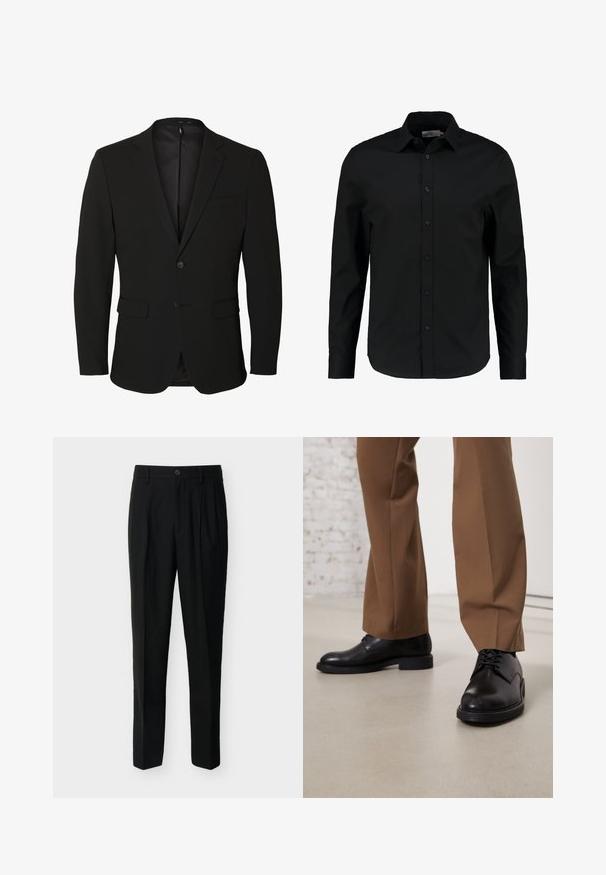 Sort enkeltknappet herreblazer med notch-revers, to forlommer med klap, en brystlomme og to knapper.; Sort langærmet skjorte lavet af glat stof, har en knaplukning foran, spidse kraver og en skræddersyet pasform med en buet kant.; Sorte, skræddersyede bukser med høj talje, bæltestropper, forreste læg, sidelommer samt knap- og lynlåslukning.; Sorte læder sko med glat overflade og rund tå, der har snørebåndslukning og en lav, flad sål. Sammen med brune bukser.