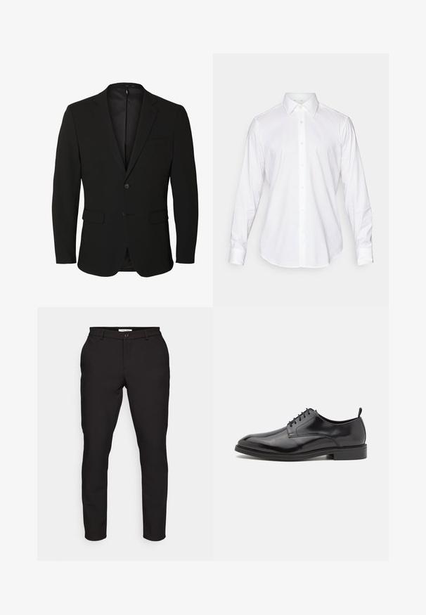 Blazer noir pour homme, boutonné simple, avec des revers crantés, deux poches avant à rabat, une poche poitrine et deux boutons.; Chemise blanche à manches longues et à col classique, en tissu lisse, avec une patte de boutonnage à l'avant comportant de légers boutons arrondis.; Pantalons noirs ajustés avec une coupe slim. Comprend une fermeture à glissière, un bouton, des poches latérales et un tissu lisse et léger.; Chaussure habillée en cuir noir avec une finition lisse, un bout rond et un design à lacets. Comprend une semelle en caoutchouc noir de profil bas et un petit talon.