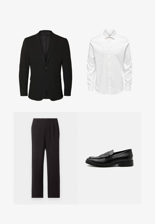 Sort enkeltknappet herreblazer med notch-revers, to forlommer med klap, en brystlomme og to knapper.; Hvid herreskjorte med lange ærmer, spids krave og række af hvide knapper foran på ensfarvet baggrund.; Sorte højtaljede skræddersyede bukser med folder, knaplukning, bæltestropper og lige ben på en ensfarvet lys baggrund.; Sort læder herre loafers med kvast detalje, rundet tå, lav hæl og glat poleret finish, vist fra siden på hvid baggrund.